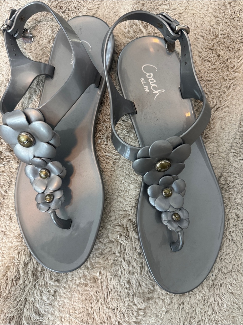 Coach Women's Silver Floral Jelly Sandals with Gold Accents size 10 - Picture 3 of 9